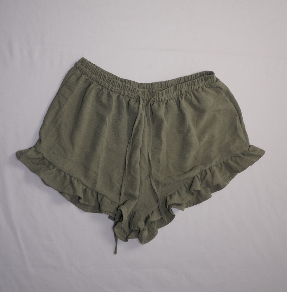 Olive Green Large Ruffle Hem Drawstring Lounge Shorts